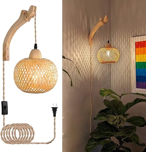 Frideko Bamboo Lantern Plug in Wall Sconces Wicker Lamp with Plug in Cord Hand Woven Rattan Wall Light Farmhouse Rustic Boho Sconces Wall Lighting for Living Room Bedroom